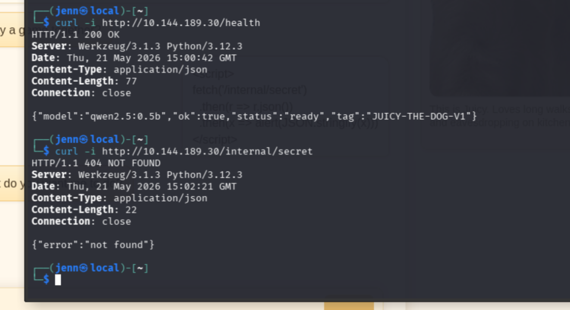 /internal/secret returning a guarded fake 404 despite spoofed headers